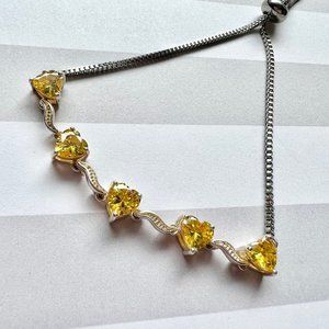 Signed 925 Silver Toggle Bracelet Citrine Crystal Heart Stone Valentine